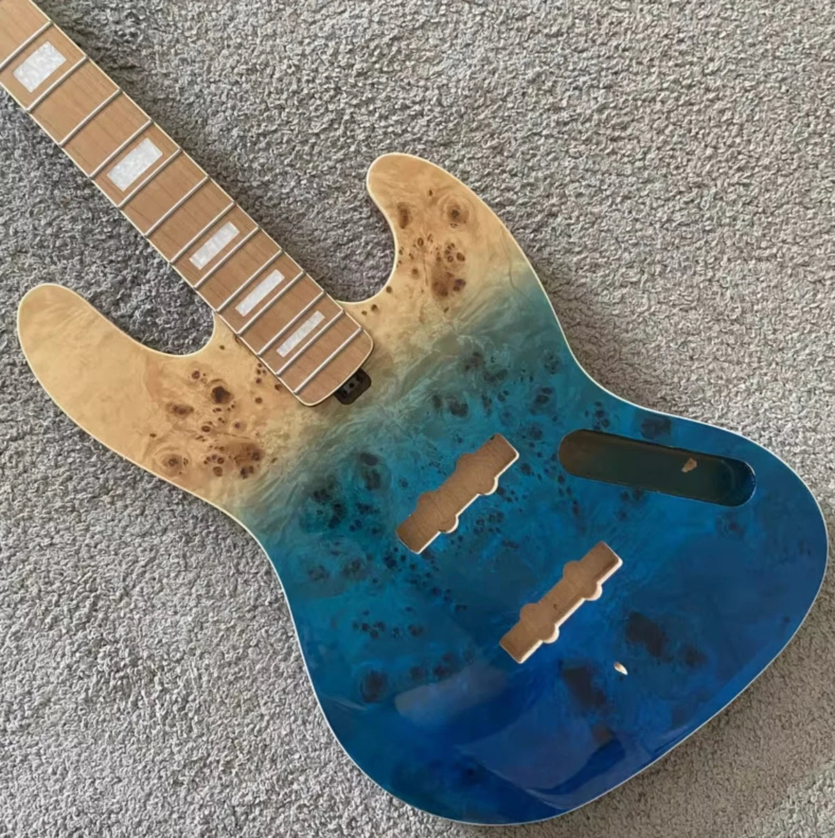 Blue Burt Wood Top 4 String Alder Bass Body, Roasted Maple Neck Fit Jazz Bass