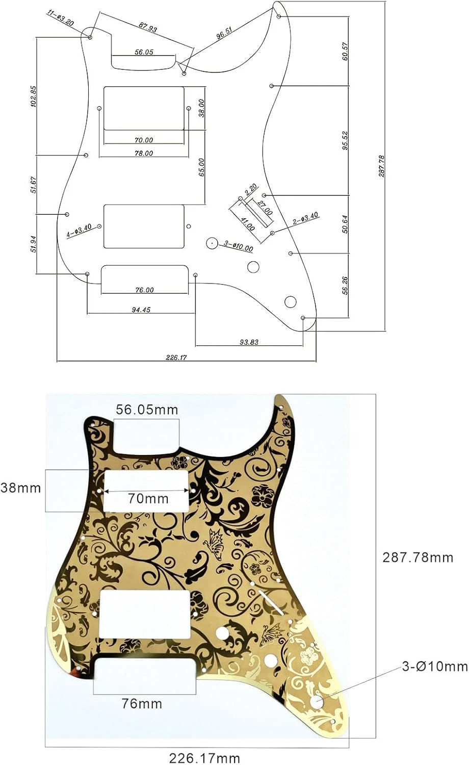 Gold HH Guitar Metal Engraved Pickguard Scratch Plate Fit Strat ST