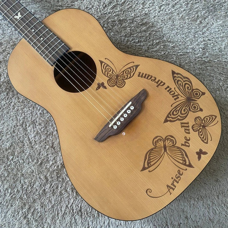 Luna 38 Inch Acoustic Guitar, Engraved Butterflies Pine Top Body, Okoume Neck