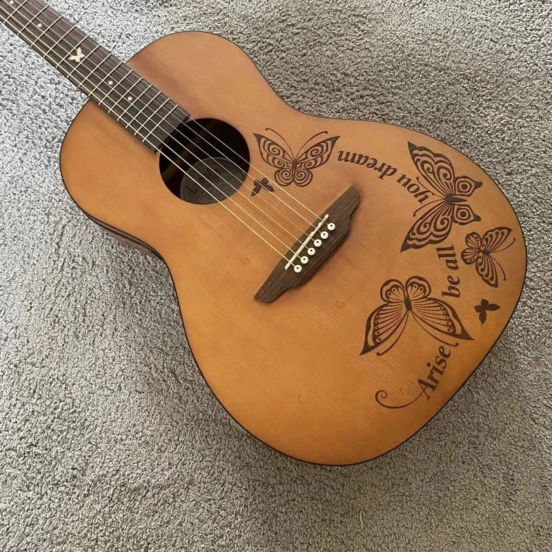 Luna Acoustic Guitar Engraved Spruce Top Body Mahogany Neck Rosewood Fingerboard