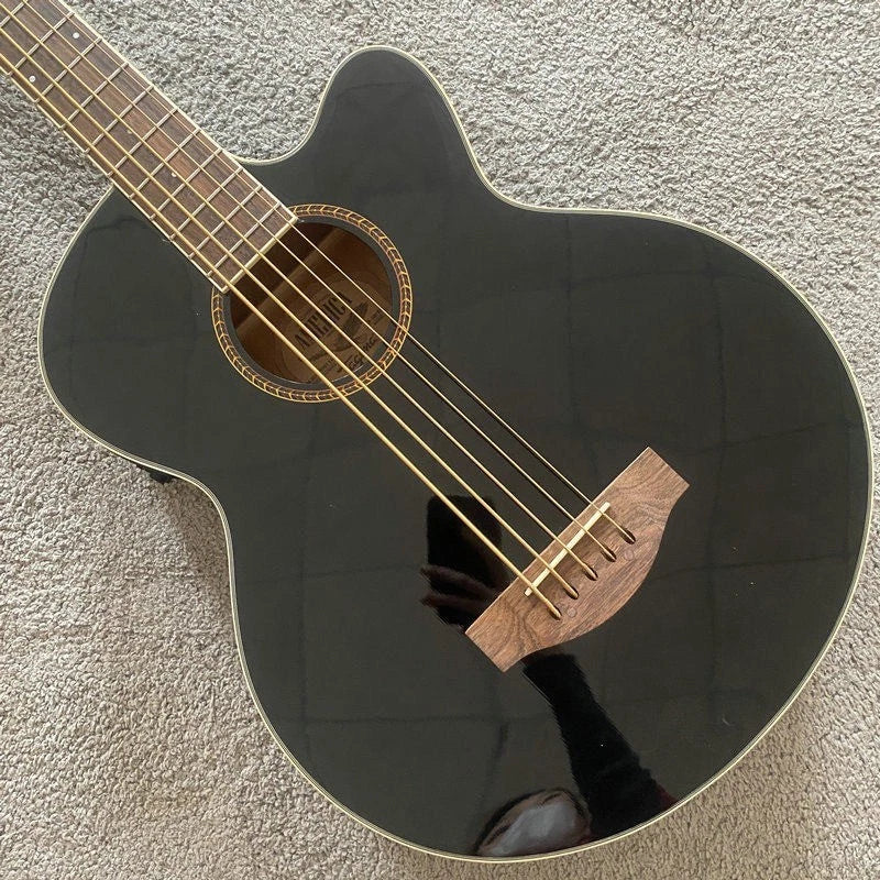 Gloss Black 5 String Acoustic Electric Bass, Spruce Top, Mahogany Neck, Rosewood