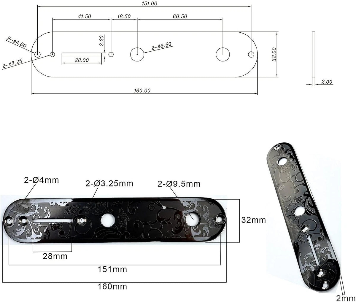 Black Engraved Steel Guitar Control Plate Panel Fit Telecaster Tele