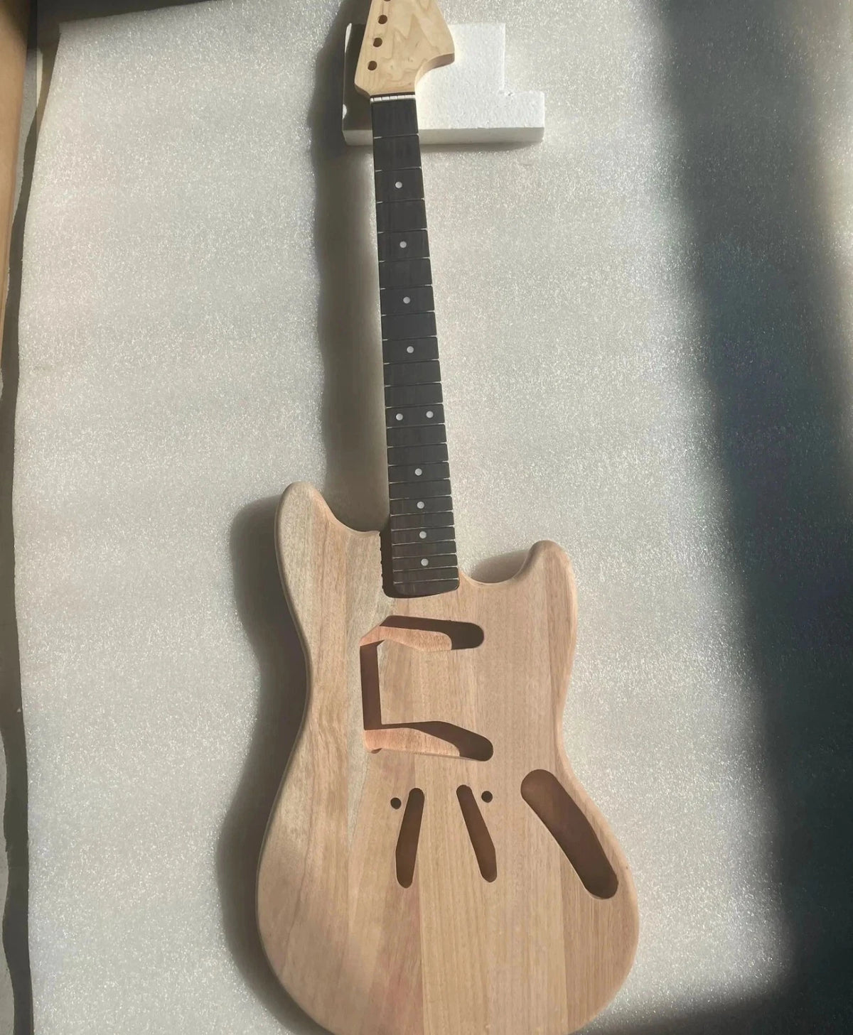 Unfinished Mahogany Wood Guitar Body with Maple Neck DIY Set For Mustang Guitars
