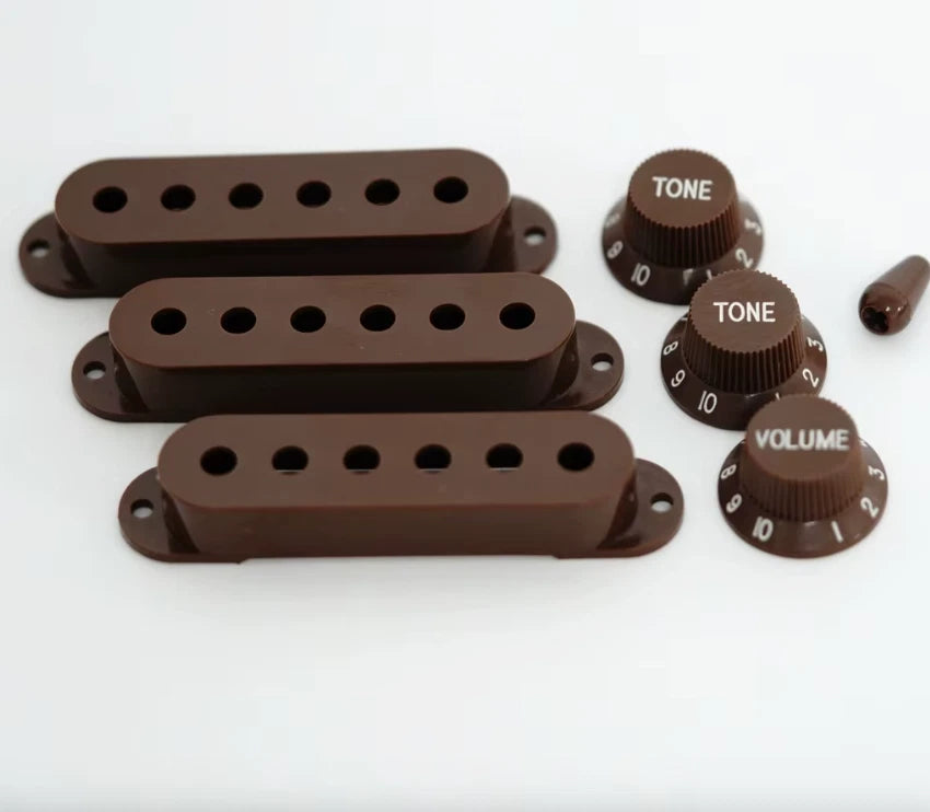 Guitar Single Coil Pickups Covers 52mm with Knobs Switch Cap Set in Brown Fit ST