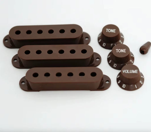 Guitar Single Coil Pickups Covers 52mm with Knobs Switch Cap Set in Brown Fit ST