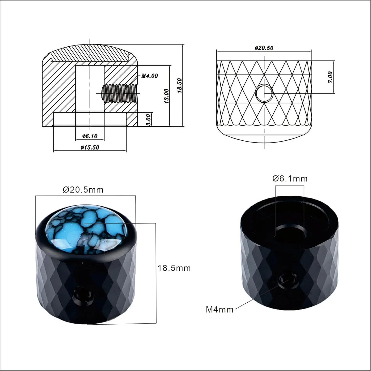 2x Aluminum Guitar Bass Control Knobs Blue Top Fit Schecter,Jacks<wbr/>on,Peavey,Cort