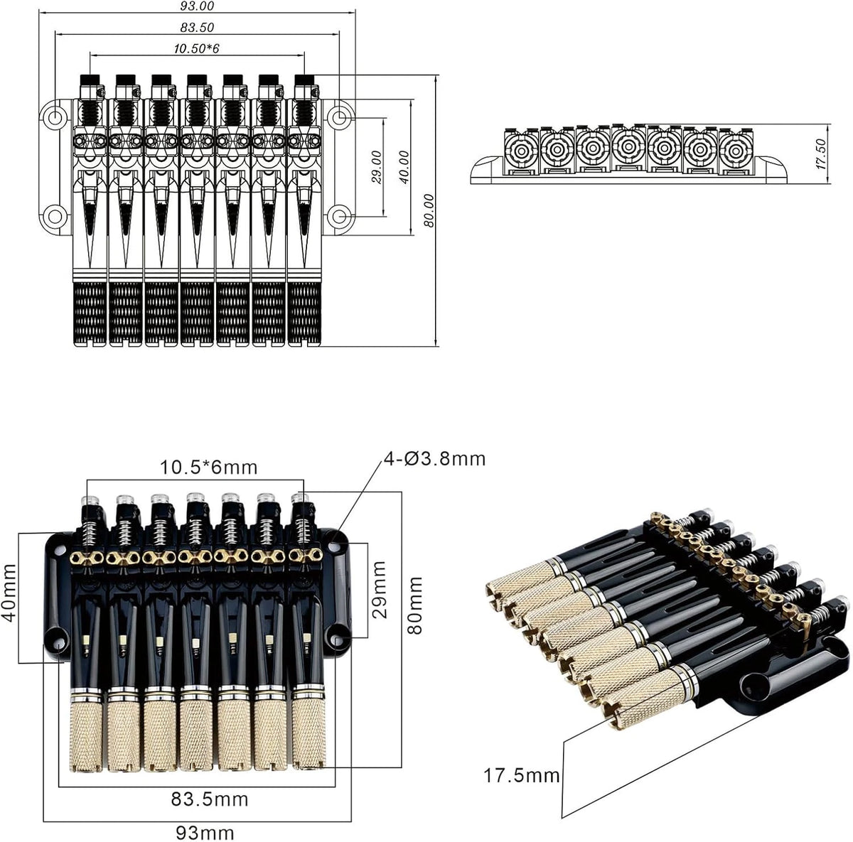 Black 7 String Headless Guitar Bridge System with Brass Saddles