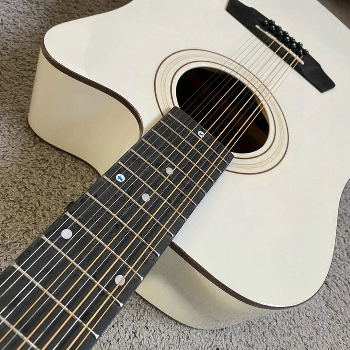 White 12 String Acoustic Electric Guitar, Mahoga Plywood Top Body, Mahogany Neck