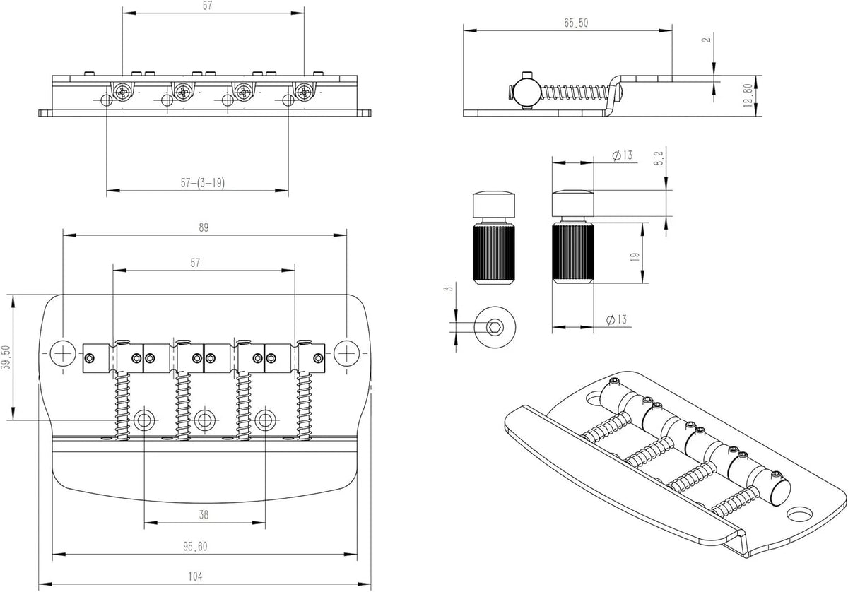 Black 4 String Bass 3 Point Fixed Bridge Fit MusicMan