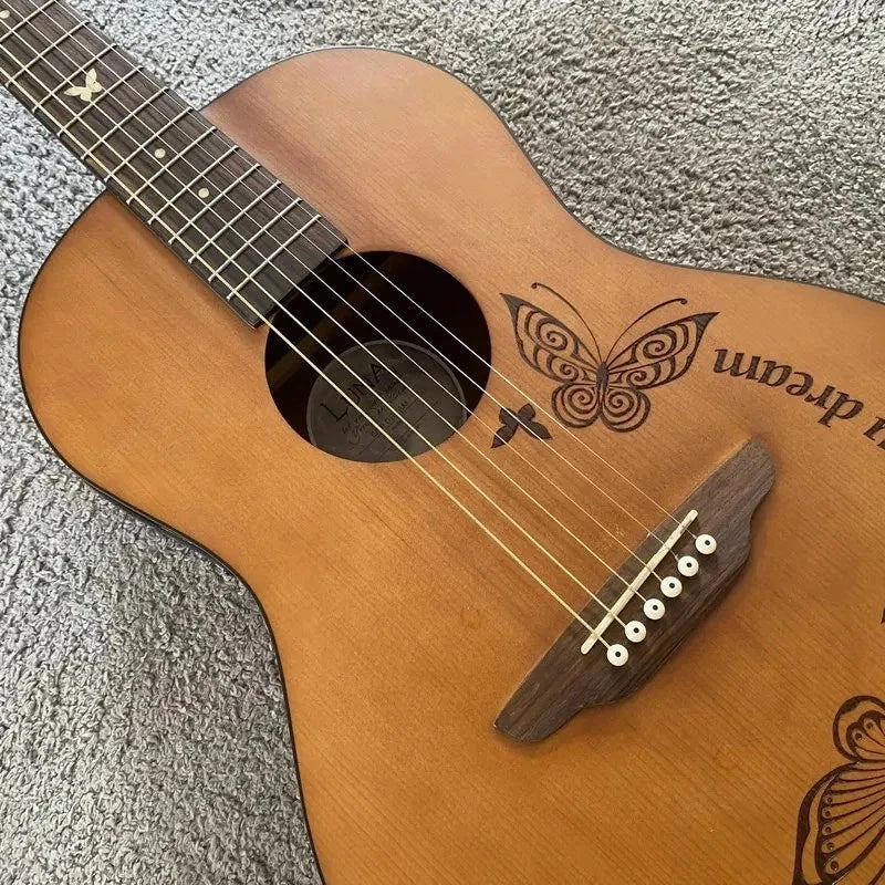 Luna Acoustic Guitar Engraved Spruce Top Body Mahogany Neck Rosewood Fingerboard