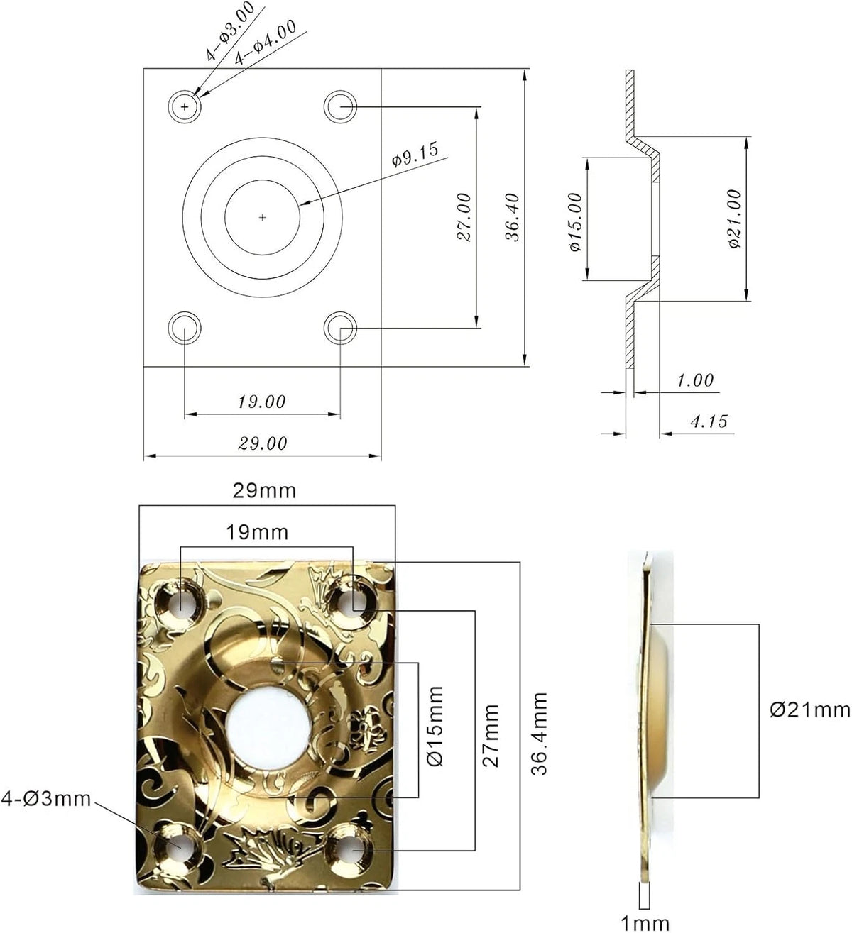 Gold Guitar Engraved Jack Plate Square Socket Fit LP , Tele TL