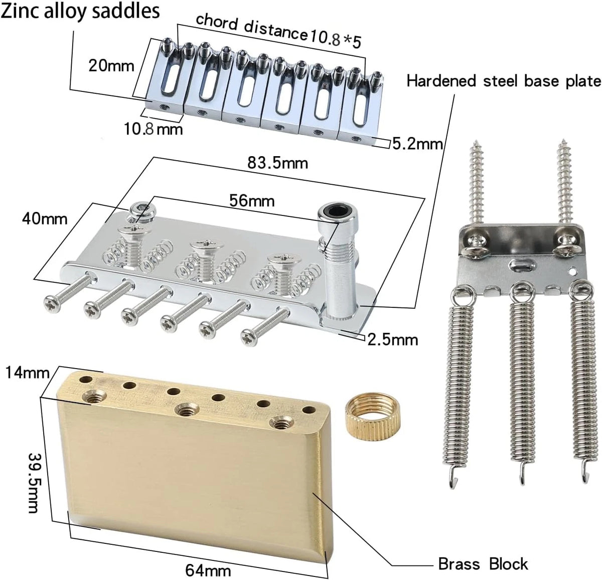Chrome 2 Point Guitar Bridge Tremolo with Brass Saddles Fit Stratocaster Strat