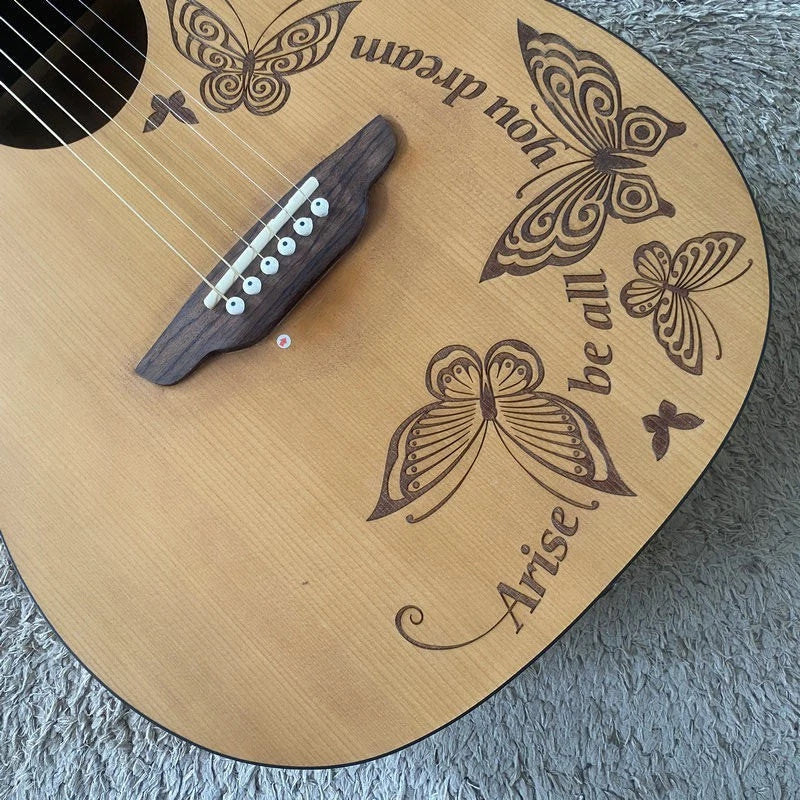Luna 38 Inch Acoustic Guitar, Engraved Butterflies Pine Top Body, Okoume Neck