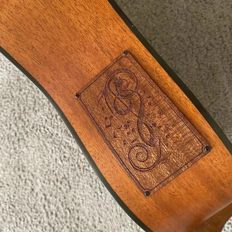 Luna Acoustic Guitar Engraved Spruce Top Body Mahogany Neck Rosewood Fingerboard