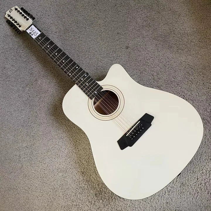 White 12-String Acoustic Guitar with EQ, Mahogany Neck, Rosewood Fingerboard