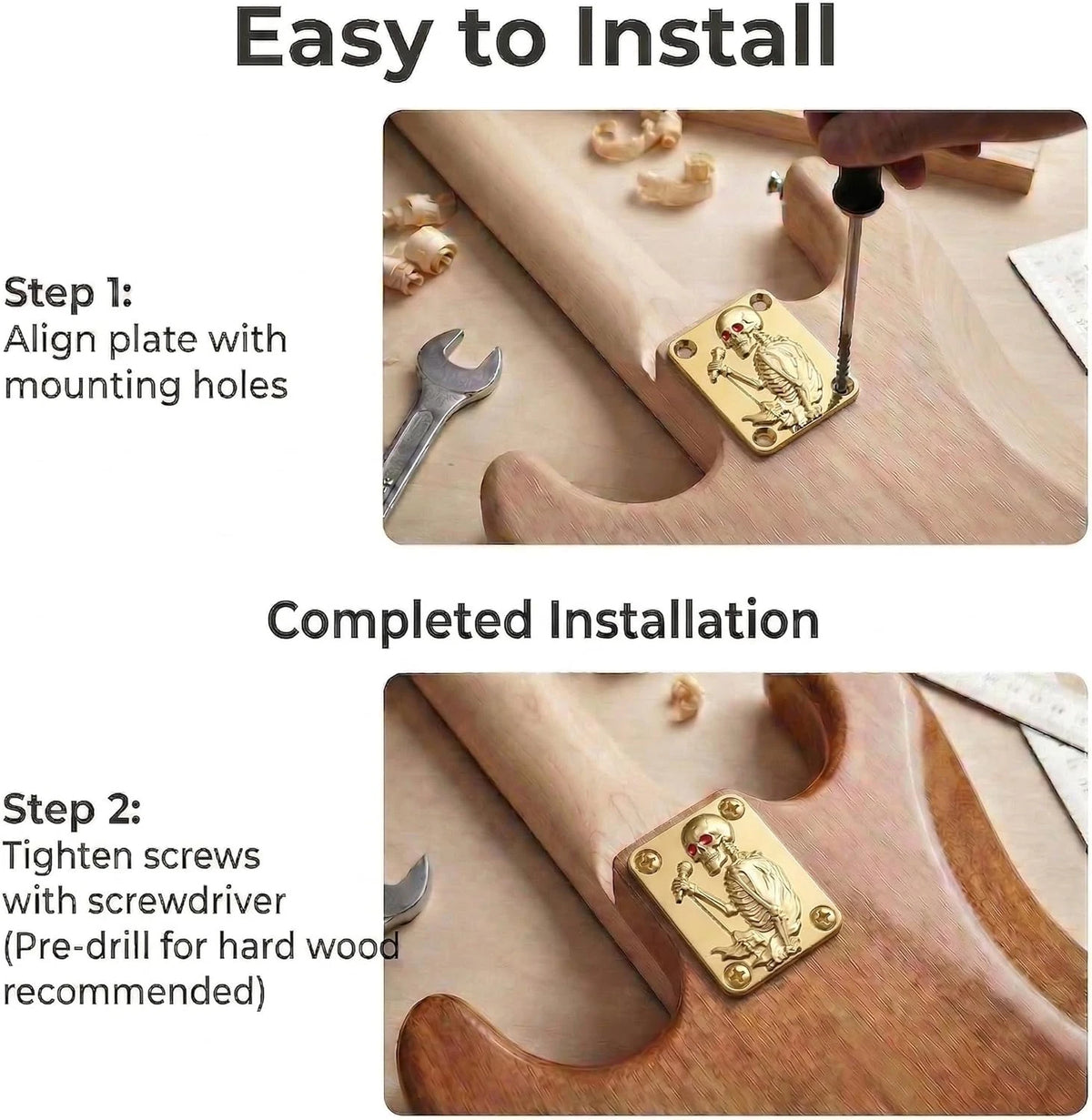 Gold Singing Skull Guitar and Bass Neck Plate Fit Schecter,Jacks<wbr/>on,Ibanez,Fend<wbr/>er