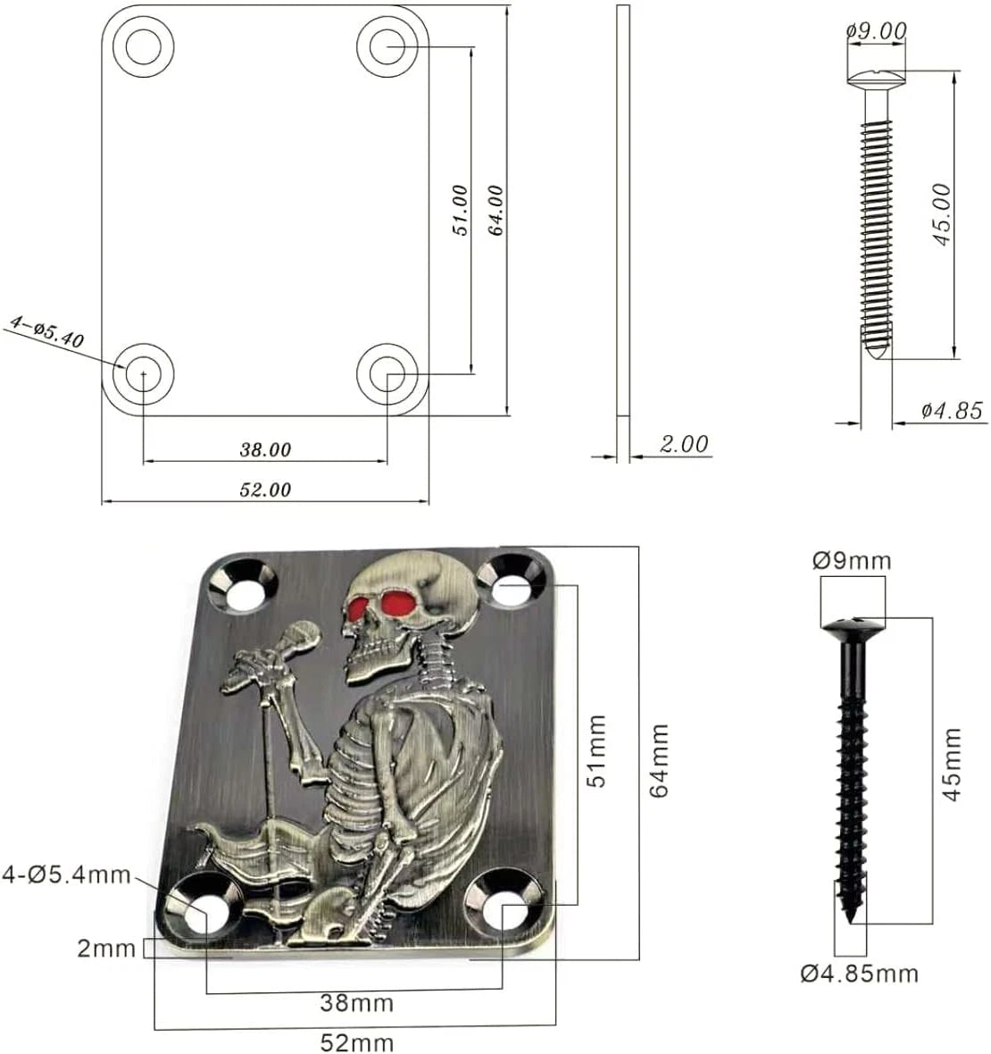 Bronze Skeleton Top Guitar Bass Neck Plate Fit Jackson,Dean,W<wbr/>ashburn,ESP LTD,Eko