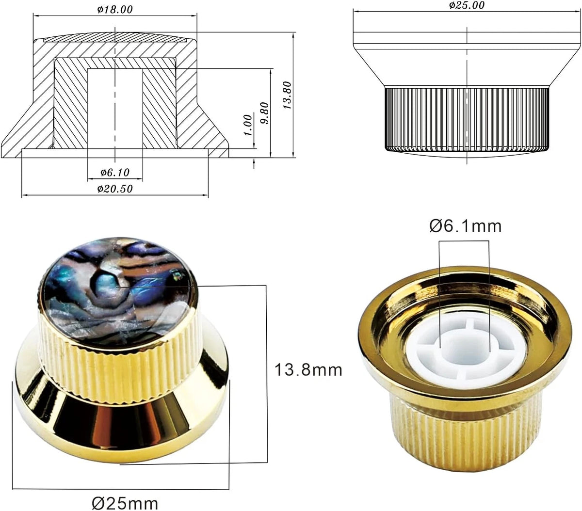 2pcs Gold Metal Guitar Volume Tone Knobs Abalone Top Fit Epiphone Les Paul SG