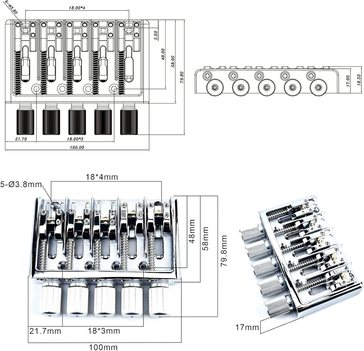 High Mass 5 String Headless Bass Bridge System in Chrome