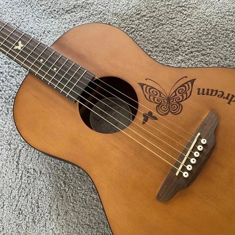 Luna Acoustic Guitar Engraved Spruce Top Body Mahogany Neck Rosewood Fingerboard