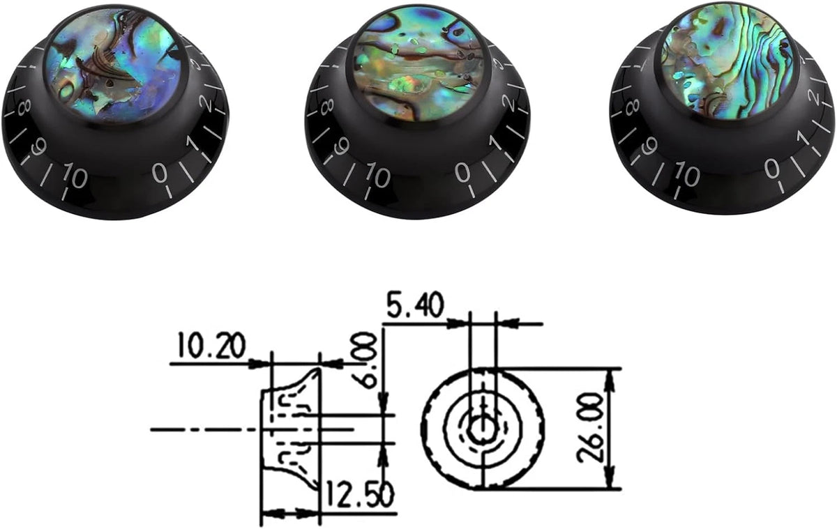 3pcs Black Guitar Abalone Top Volume Tone Control Knobs Fit Stratocaster Strat