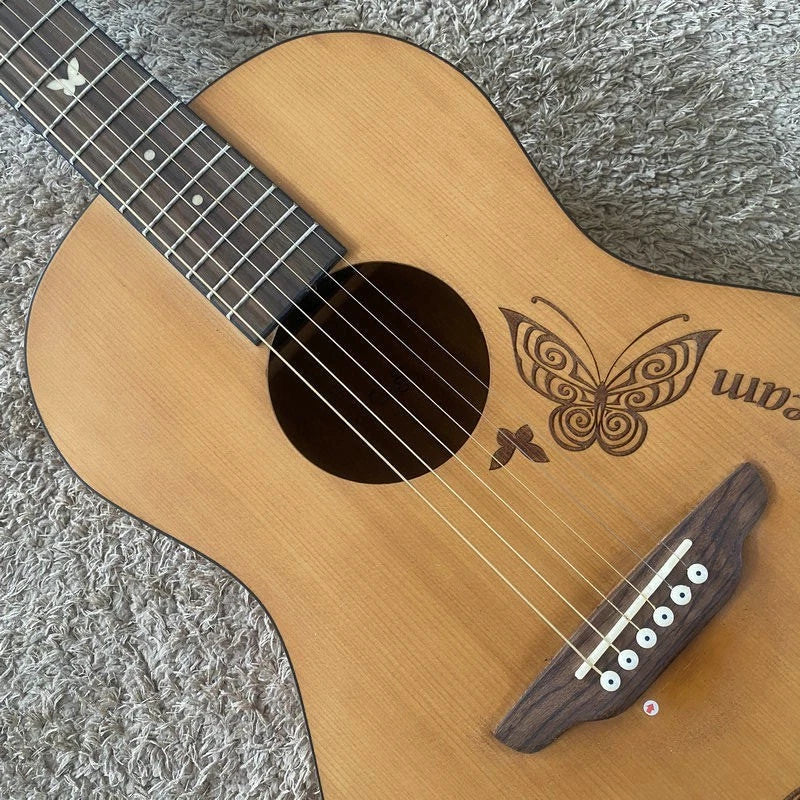 Luna 38 Inch Acoustic Guitar, Engraved Butterflies Pine Top Body, Okoume Neck