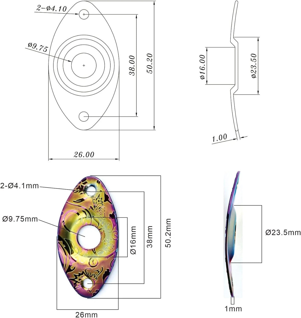 Rainbow Guitar Engraved Output Jack Plate Curved Oval Fit Strat Tele