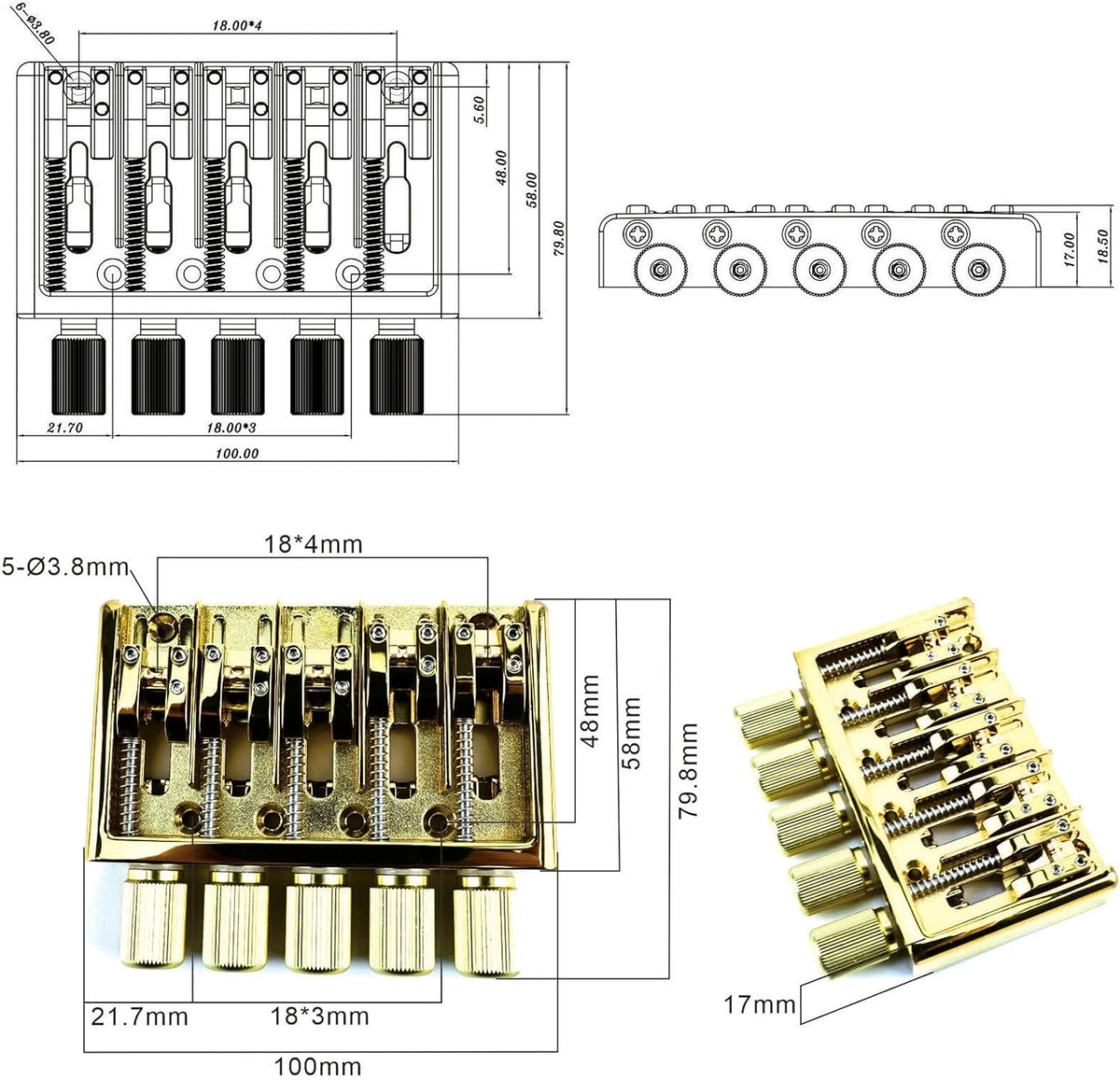Gold 5 String Headless Bass Bridge System