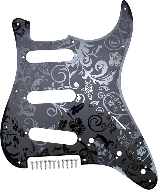 Black Vintage Engraved Steel Guitar Pickguard Scratch Plate Fit Strat ST