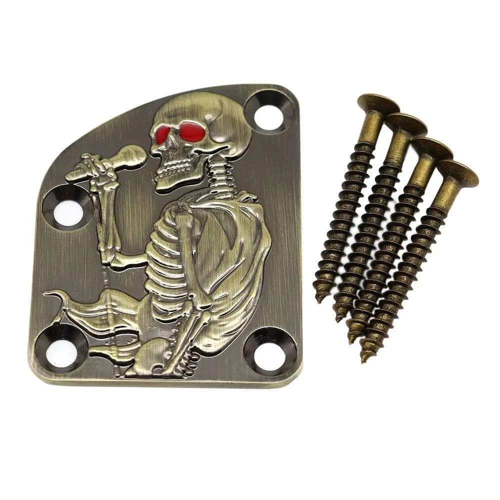 Bronze Skull Pattern Guitar Neck Plate with Screws for ST, TL and Jazz Bass