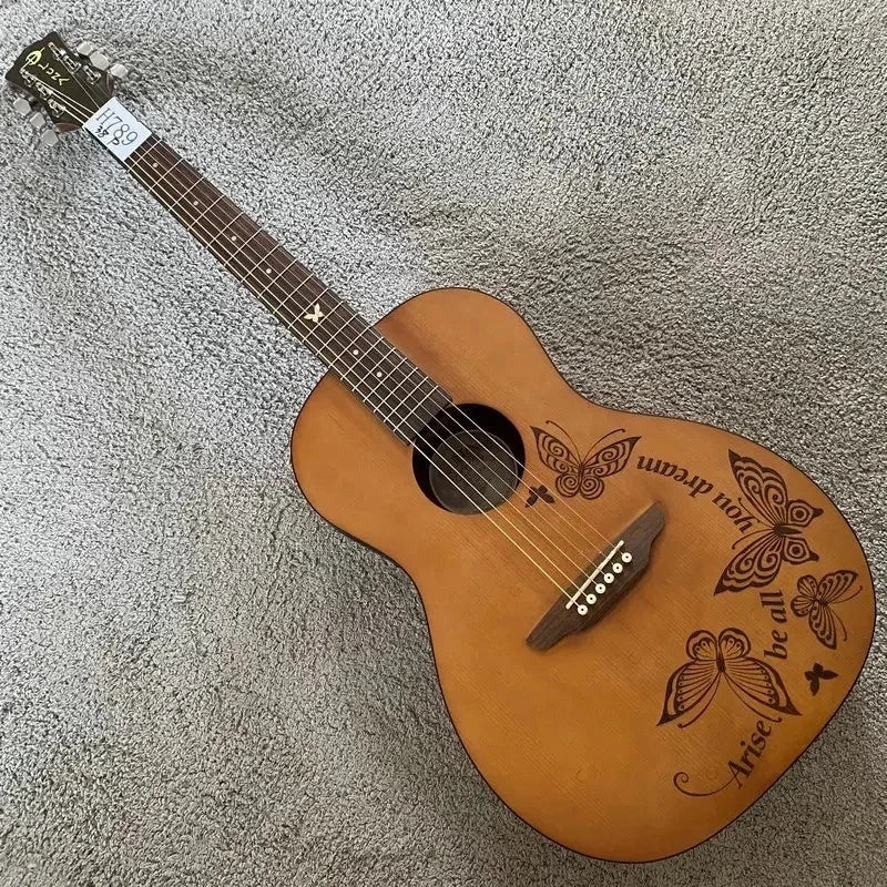 Luna Acoustic Guitar Engraved Spruce Top Body Mahogany Neck Rosewood Fingerboard